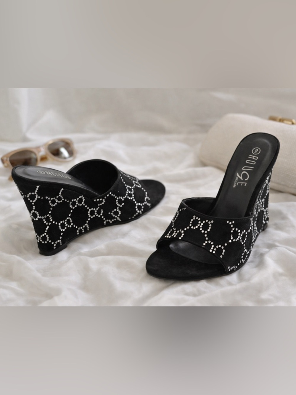 Rhinestone Wedge Mules – Black Sparkle Slip-On Heels